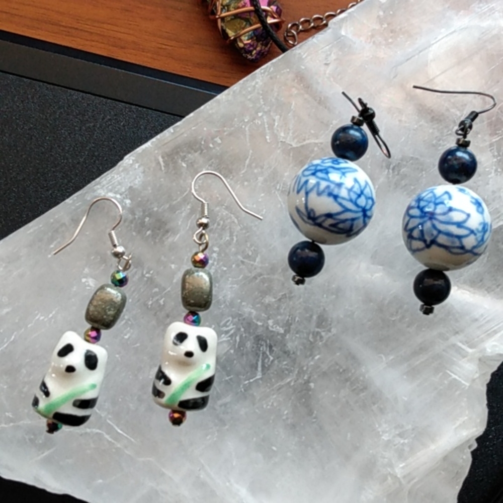 Cute panda and painted porcelain flower earrings set
